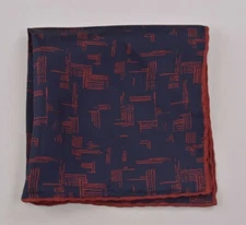 Luciano Barbera NWOT Silk Pocket Square in Navy with Red Abstract Line Pattern