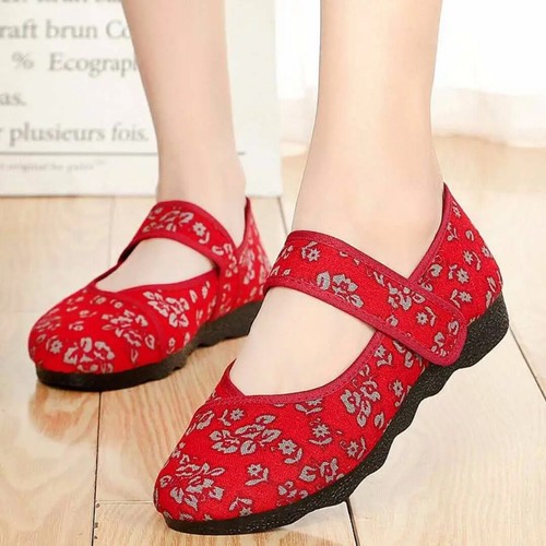 Zapatos de bailarina cómodos bordados planos con flores sin cordones de tela de algodón de lino - Imagen 6 de 28