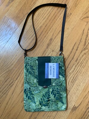 Handmade Batik & Leather Crossbody Bag-Green Leaf Pattern-Made in USA