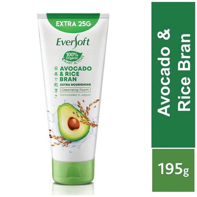 EVERSOFT Face Wash Facial Cleanser 100% Organic Avocado & Rice Bran Oil  195g