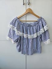 Mint Velvet Blue White Stripe Off Shoulder Top Size L Lace Trim Summer