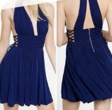 Express Navy Blue Halter Mini Dress Lace-Up Back Fit & Flare Size M
