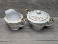Vintage Jyoto China Lidded Sugar Bowl & Creamer Set Floral Gold