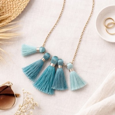 Miss Ivy Pearl Turquoise Tassel Statement Necklace Gold Chain Boho Fringe