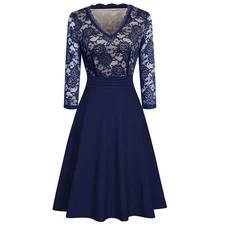 Women's Lace A-Line Pullover Dress Laides Solid V-Neck 3/4 Sleeve Lace Dresses