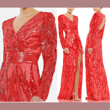 NWT Mac Duggal [ 10 ] 4635 Embellished Long Sleeve Open Back Slit Gown Red #S761