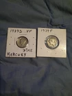 1939 D + P Lot 2 90% Silver Mercury Dimes Old U.S. Coins Rare Ex Vf Fine
