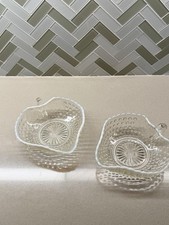 Vintage Anchor Hocking White Opalescent Rim Handled Dishes Set of 2 Hobnail