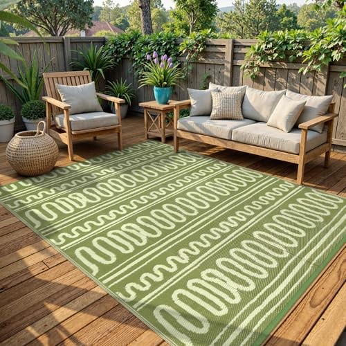 Green Outdoor Rug 8x10, Reversible Plastic Straw Indoor/Outdoor Rug, Portable