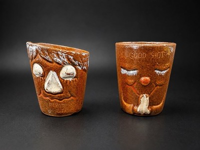 Vintage Ceramic Face Shot Glasses Potato Shot Good Shot Barware Set of 2 Japan