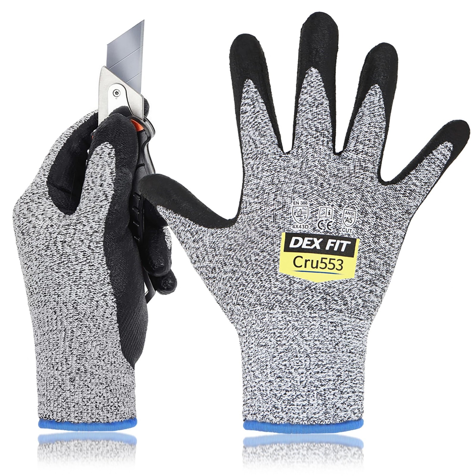 Cut Resistant Level 5 Gloves Cru553 - 3D Comfort Fit, Firm Grip, Lightweight