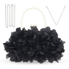 Women Elegant Evening Purse, Small Floral Clutch Bag with Detachable Black