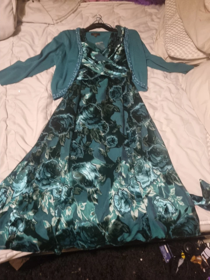 Green Floral Alexon Silk Dress/cardi Sz 10 Mother Of Bride Wedding Evening BNWT - Image 2 of 4