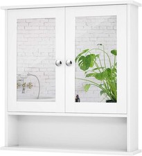 Wall Mounted Wooden Bathroom Cabinet Wood Storage Cabinet w/Double Mirror Doors