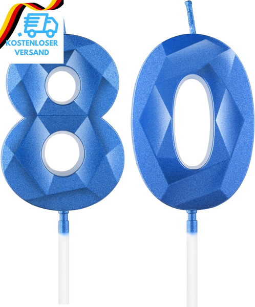 KöNigsblaue Kerzen Zum 80Th Geburtstag, 3D Blaue Zahl 80 Kerze FüR Kuchen, Fraue-image