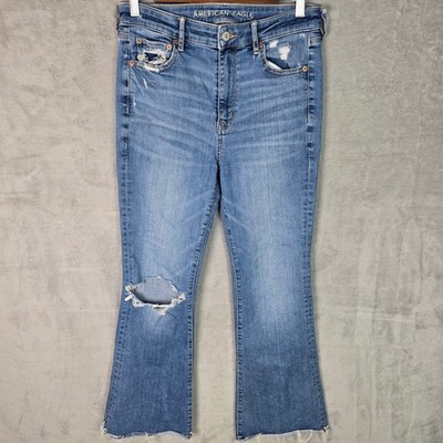 American Eagle Super Hi-Rise Flare Jeans Women 8 Regular Distressed Raw Hem Blue