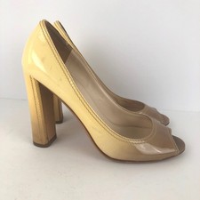 PRADA Patent Leather Peep Toe Ombre Block Heel Pumps Yellow Tan Sz EU 37 US 7