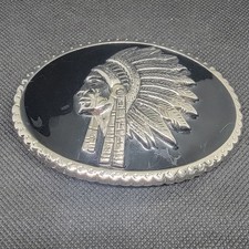 Vintage Western Belt Buckle Native American Chief Silver Tone Black Enamel Oval