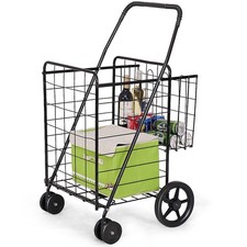 Folding Shopping Cart Jumbo Basket Grocery Laundry Travel with Wheels