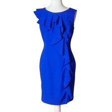Calvin Klein Sleeveless Blue Ruffle Fitted Dress 8 Office Flirt Semi Formal Chic