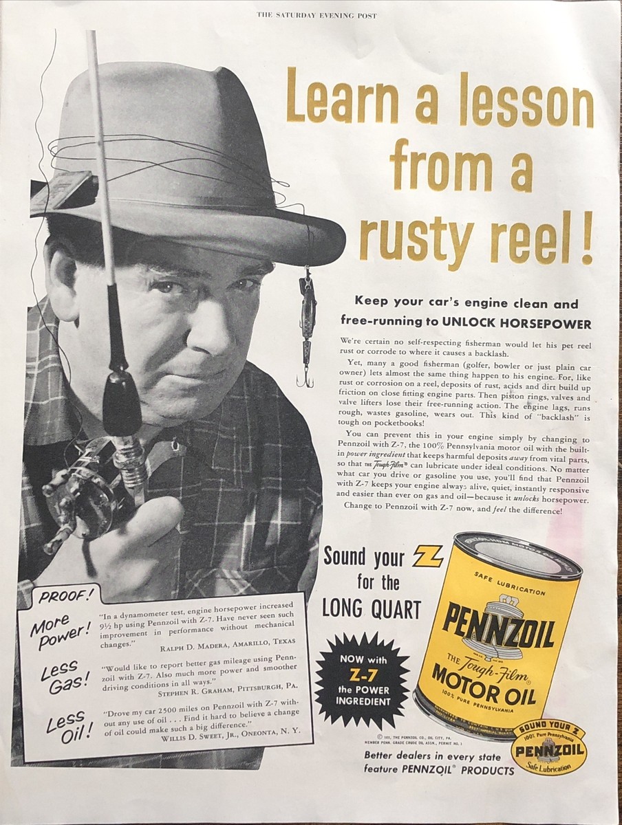 1955 Pennzoil Motor Oil PRINT AD Fisherman Rusty Reel Sound Z Long