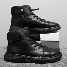 Mens Faux Leather Round Toe Ankle Boots Fashion High Top Lace Up Casual Shoes