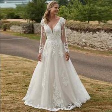 Elegant V Neck Wedding Dresses Long Sleeve Appliques Backless Button Bridal Gown