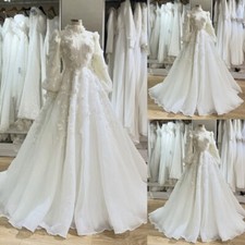 Muslim Wedding Dresses High Neck Long Sleeve 3D Flowers Full Length Bridal Gown