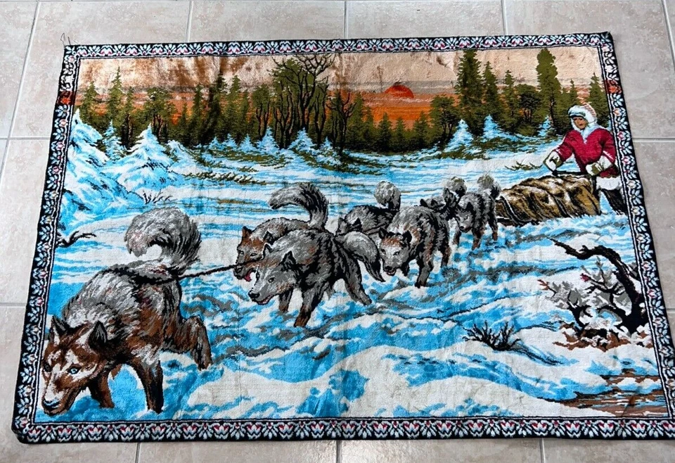 Tapiz colgante de pared grande vintage de Alaska trineo para perros Husky puesta de sol 54" x 38" W Foto 4 de 4