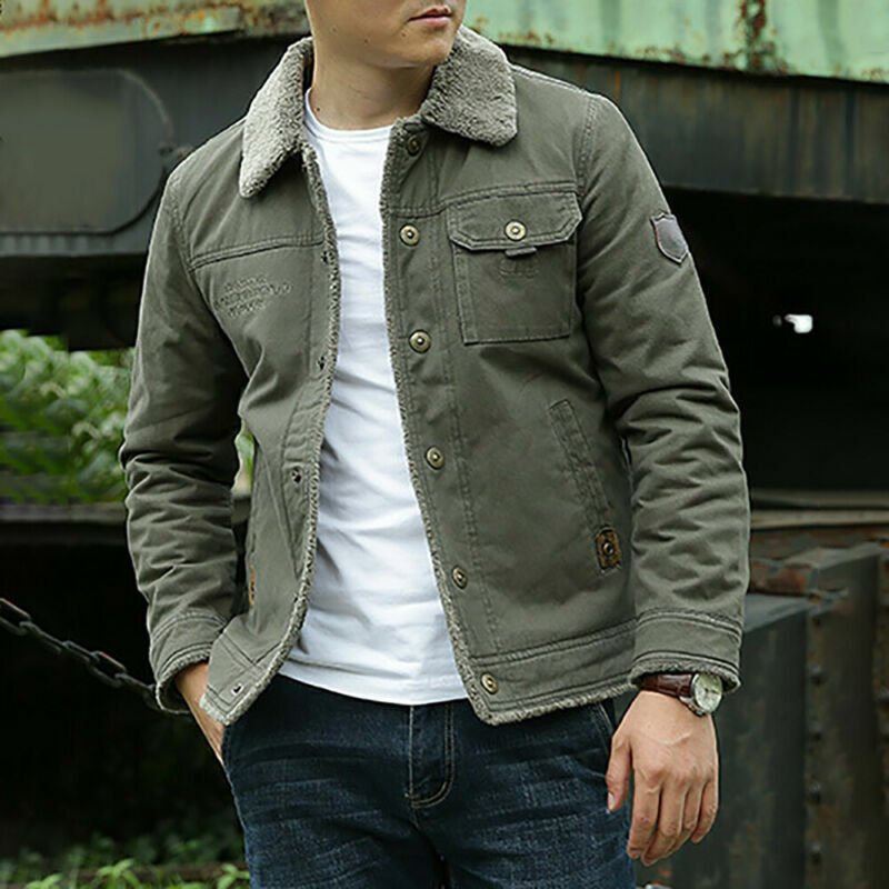 Winter Men Warm Fleece Lined Trucker Jacket Button Faux Fur Collar Coat Outwear