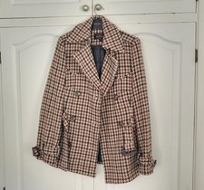 Women's Retro Mod Style Ben Sherman Brown Hounds Tooth Pea Coat Jacket Small