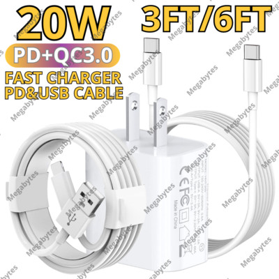 For iPhone Macbook Android Fast Charger 20W Adapter USB & Type C Charging Cable