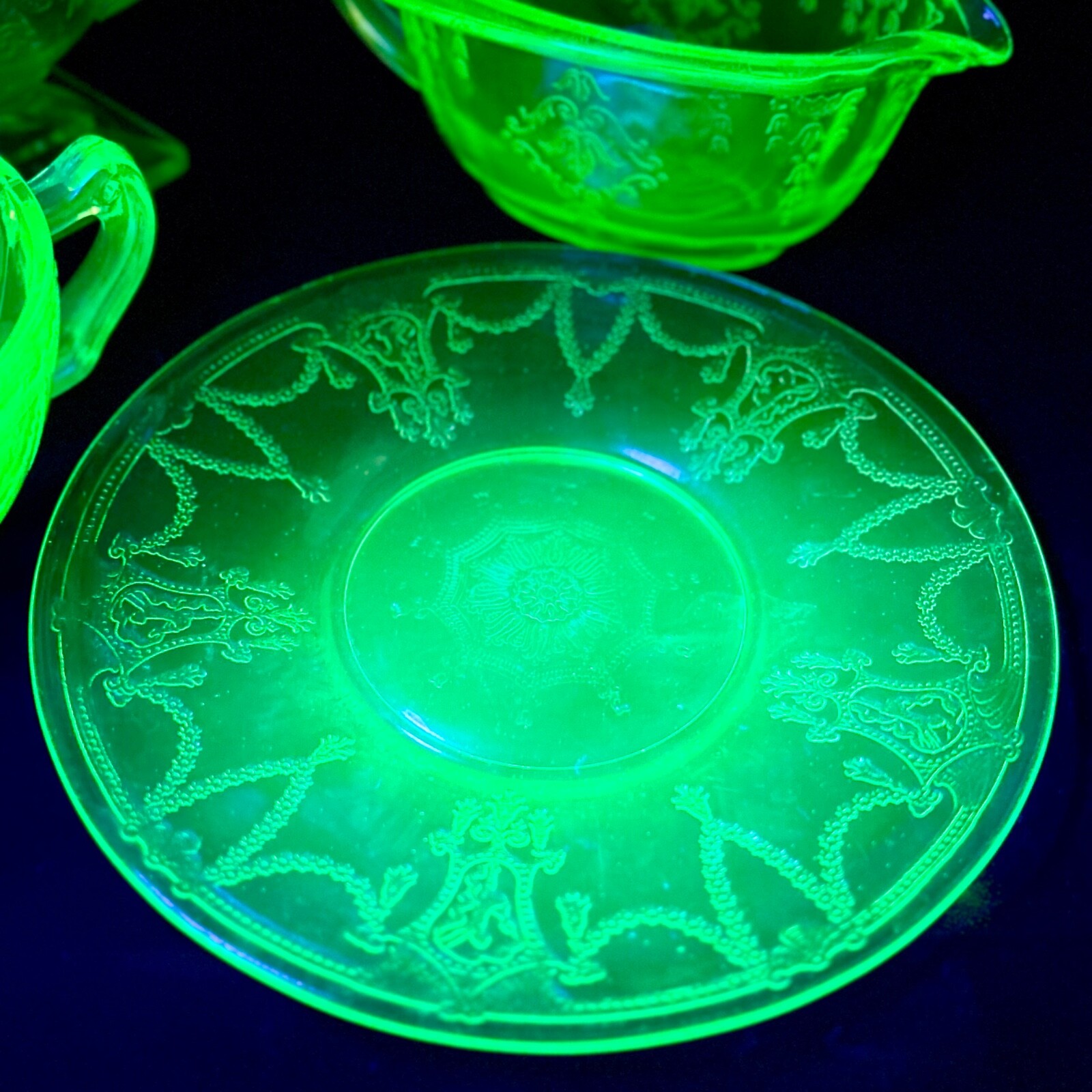 Uranium Glass Lot Creamer Gravy Boat Cup Plate Vintage eBay