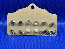 Fashion Boho Festival Glamour Assorted Silver Gem Stud Earring Set Of 6