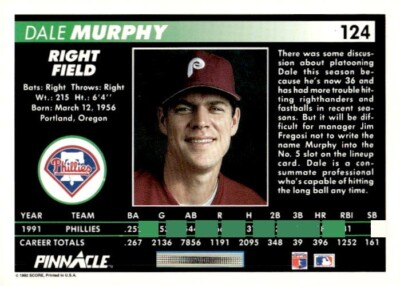 1992 Pinnacle #124 Dale Murphy Philadelphia Phillies | eBay