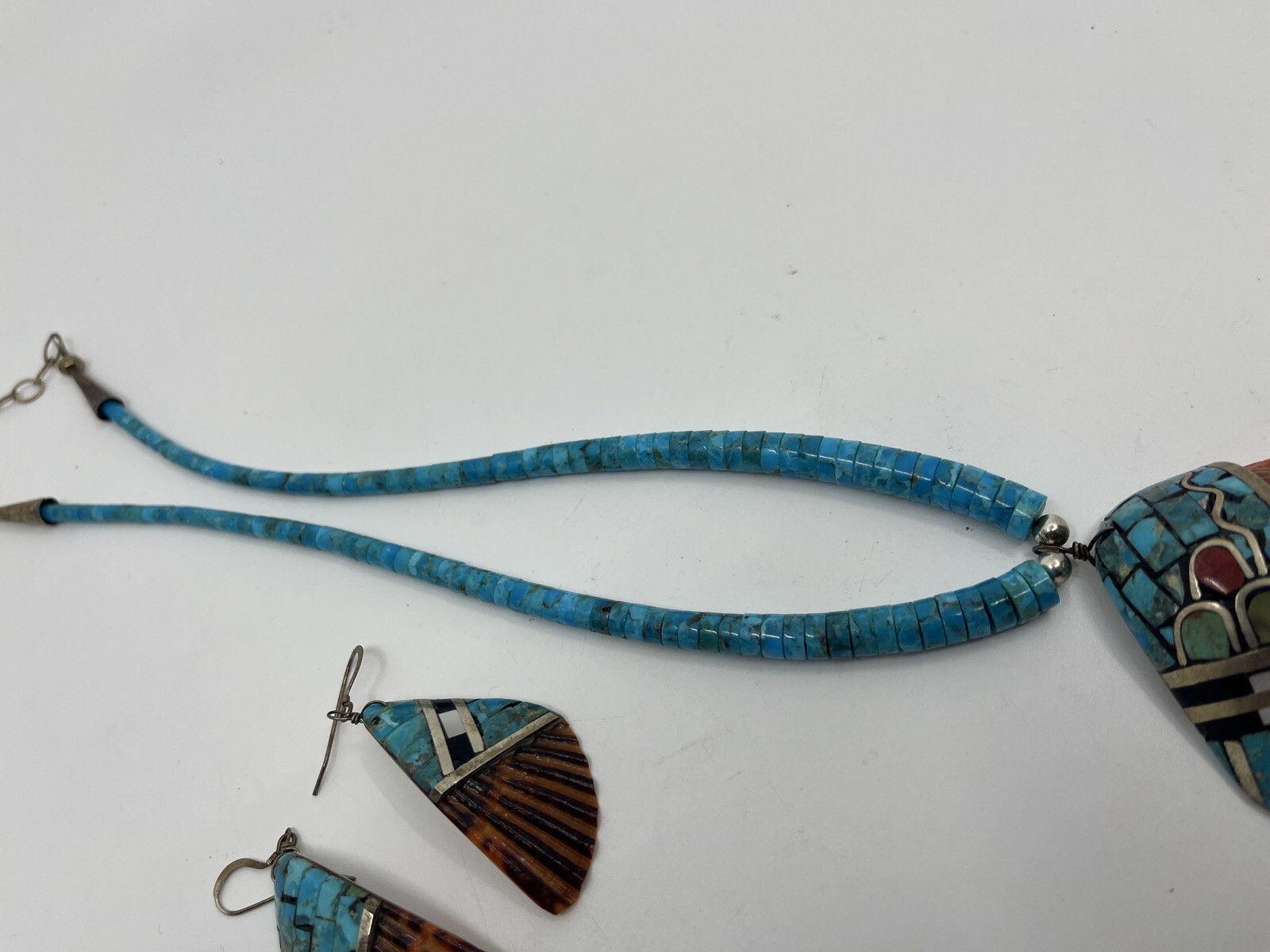 Turquoise Silver Inlay Decorated Shell Pendant Ne… - image 4