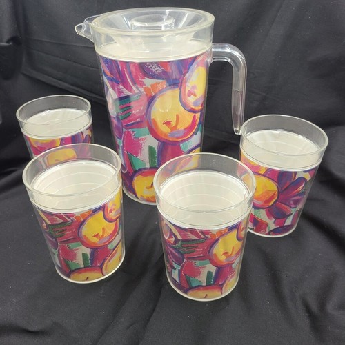 Vintage Novelty Crystal Corp Pitcher 4 glasses 5 piece Pool Summer