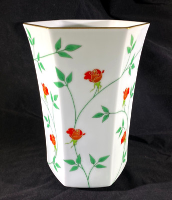 Fukagawa Koransha Porcelain Large Vase Arita Japan Six Sided Flared Mouth DS63
