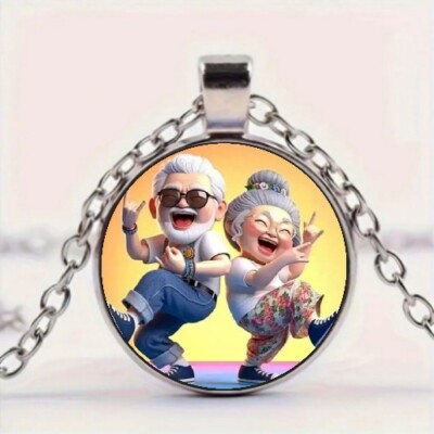 Happy Senior Couple Design Art Round Pendant Necklace