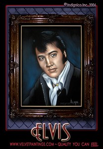 Velvet-Elvis-Painting-of-Flamboyant-Black-Leather-Clad-King-in-Poofy-White-Scarf