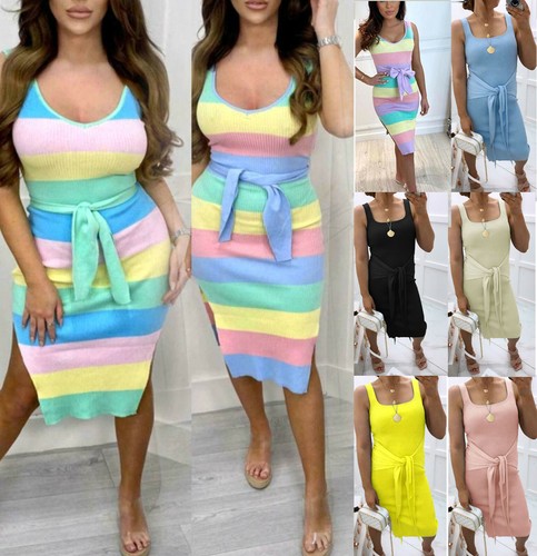 Belted Waist Ribbed Party Midi Dress 