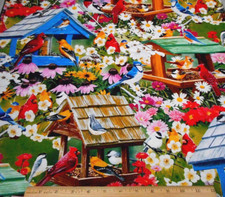 Quilt Fabric 1 7/8 Yard SALE Birds Birdhouses Floral on Green Premium Cotton PC