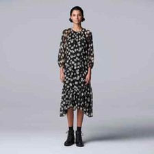 Women's $64 Simply Vera Vera Wang Shirred Black Floral Chiffon Midi Dress NWT