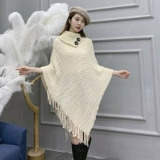 Women Cape Knitted Poncho Sweater Loose Tassel Turtleneck Shawl Blanket