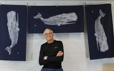 Great White Sperm Whale 3 foot long  Moby Dick Art on 22” X  44” Rich Navy cloth