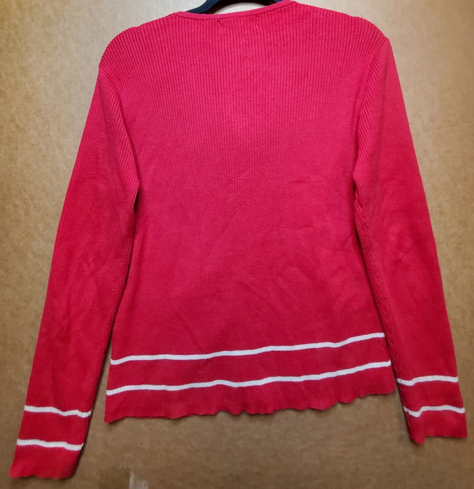 Cárdigan suéter informal de esquina para mujer mediano rojo blanco a rayas manga larga cuello en V Foto 4 de 4