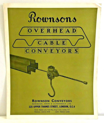 Vintage Rownsons Oberleitungskabelförderer Werbeprospekt London 50er Jahre