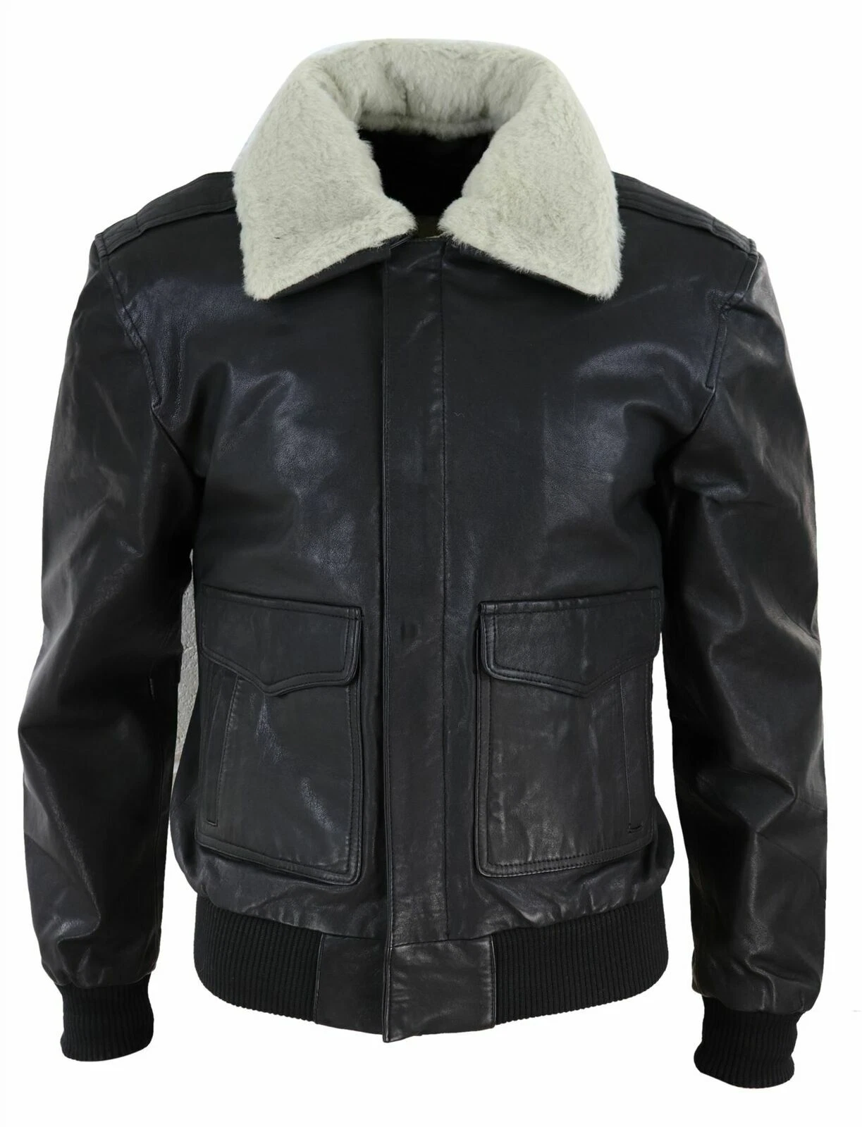Men's Air Force Real Leather Jacket Pilot Bomber Fur Collar Casual Black Jacket