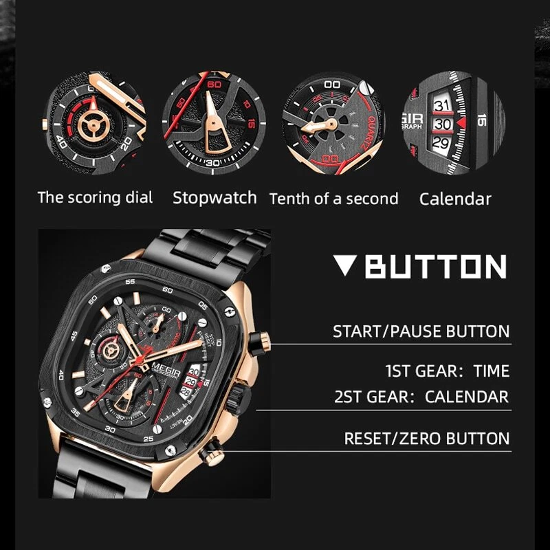 Quartz Watch Men Waterproof Square Dial Wristwatch Chronograph Luminous Hands NR - Image 4 of 4