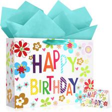 Large Happy Birthday Gift Bag with Tissue Papers and Greeting Card, Portable Pap